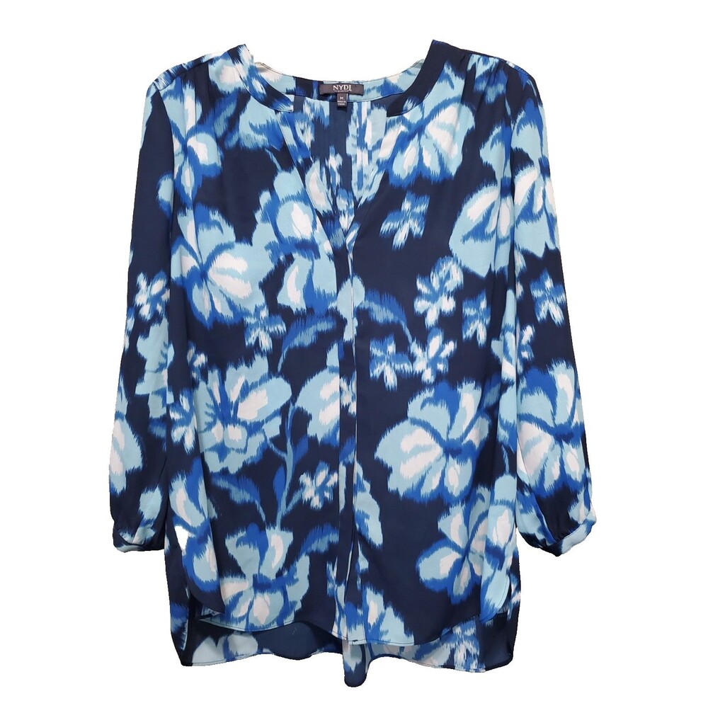 NYDJ Blue Floral Print Pleated Back 3/4 Sleeve Button-Up Blouse Size Medium